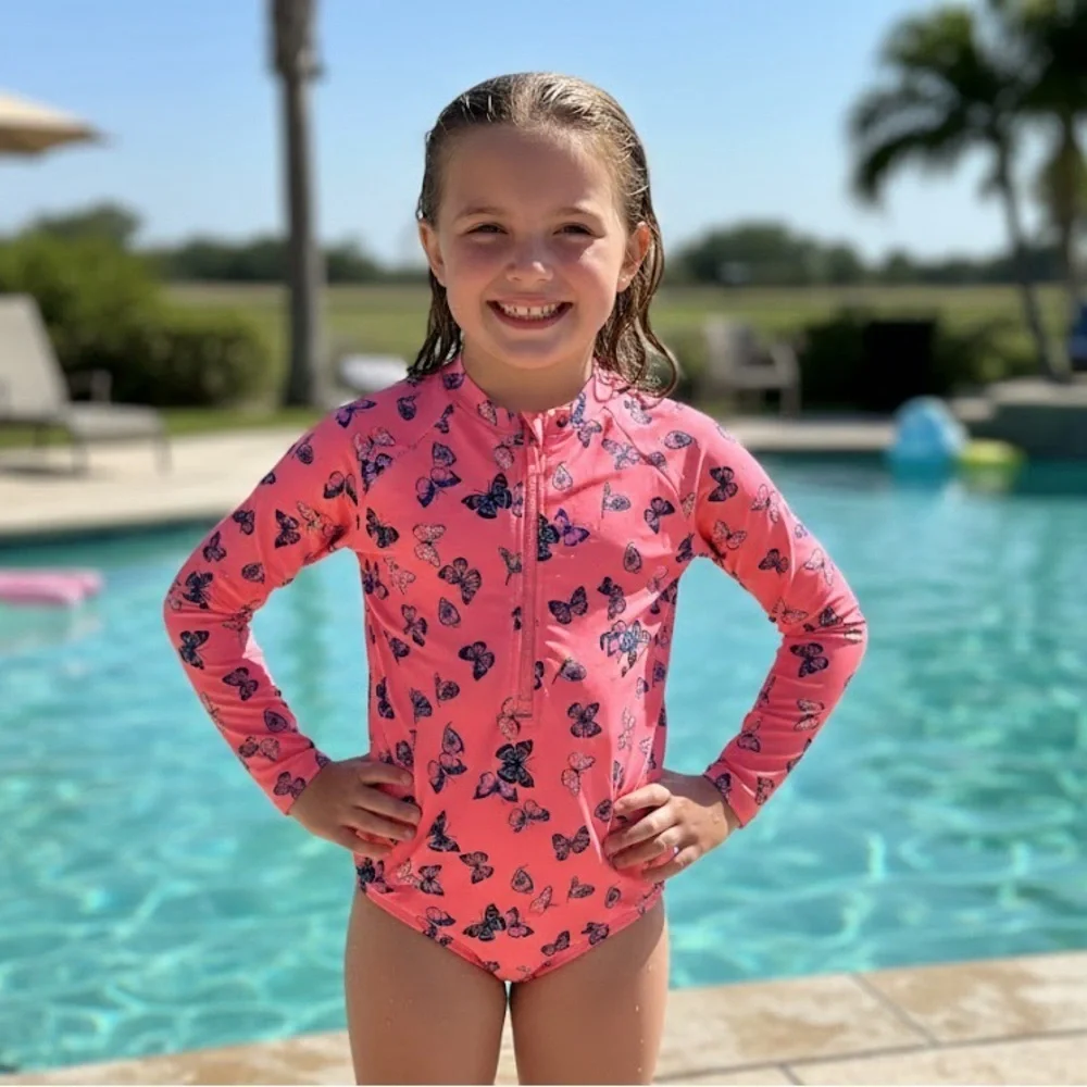Kensie Girl Long - Sleeved Half - Zip Pink Butterfly Rashguard